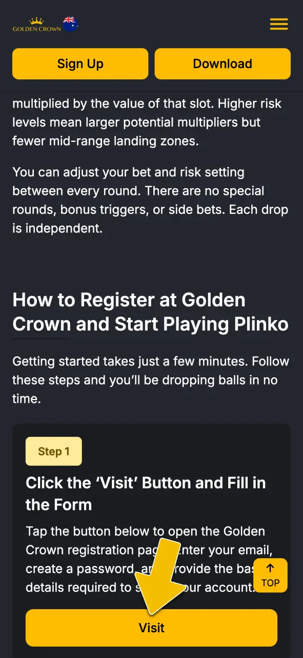 Click the visit button to access and open the official registration page at Golden Crown Casino.