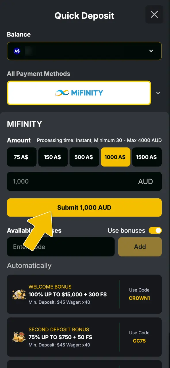 Open the cashier menu and choose a preferred payment method to fund your account at Golden Crown Casino.