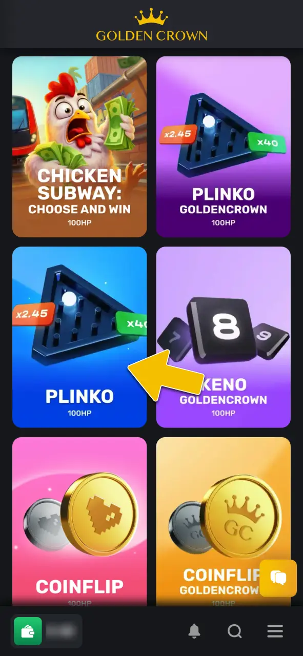 Navigate to the casino section and search for Plinko by 100HP Gaming to launch the game at Golden Crown Casino.