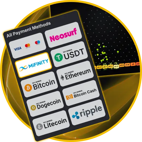 Deposit and withdraw funds playing Plinko using trusted Australian payment methods like Neosurf, Visa, and crypto at Golden Crown Casino.